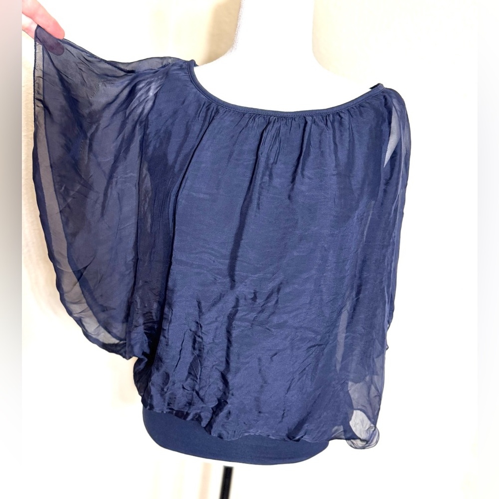 Silk Top Blouse Elegant Navy Blue Women's Top Silk Blend Italy